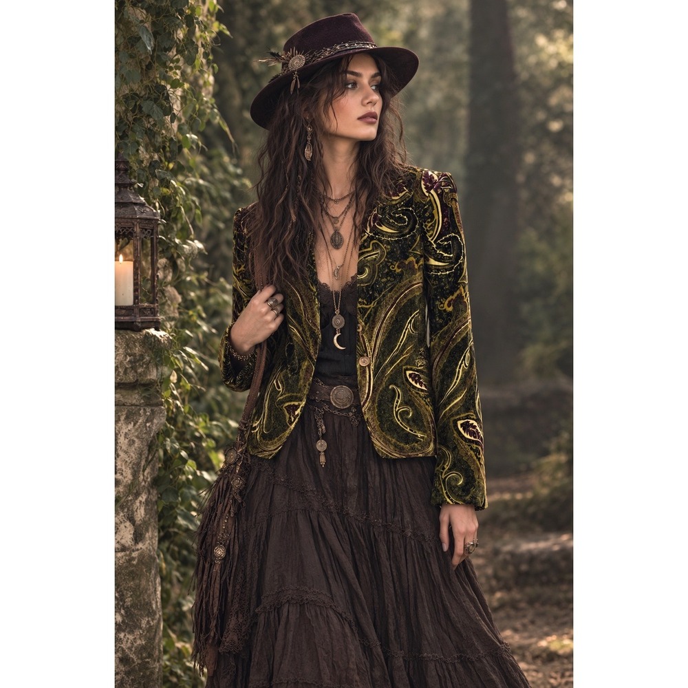 Womens Bohemian Paisley Silk Blend Velvet Blazer 4 Jewel Tone Whimsigoth Artsy